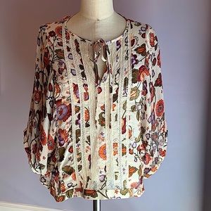 Karen Kane ivory, rust and purple floral print dolman sleeve semi sheer blouse M